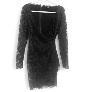 BEBE BLACK LACE LONG SLEEVE DEEP V NECKLINE MINI DRESS SIZE SMALL